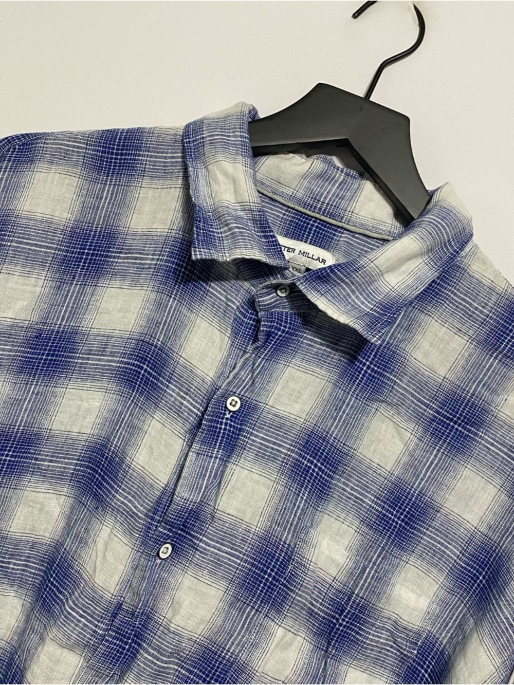 Peter Millar Mens XXL Blue White Plaid Linen Long Sleeve Button Up Shirt Preppy